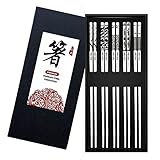 DONGDA Essstäbchen Wiederverwendbar, 5 Paar Edelstahl Essstäbchen, Anti-Rutsch Stäbchen Spülmaschinenfest Japanische Essstäbchen, Metall Essstäbchen Personalisiert Chopsticks Geschenkset