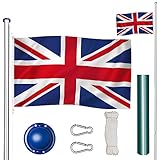 tectake Fahnenmast aus Aluminium, Teleskop Fahnenstange Set mit Flagge, Bodenhülsen, Seilzug, höhenverstellbar bis zu 6,50 m - ideal für Balkon, Garten, Festival und Camping - UK