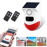 WiFi Solar Outdoor Bewegungsmelder Alarm, 130db Fernbedienung Tuya APP Fernüberwachung IP67 wasserdichte 24 Stunden 5 Modi, geeignet für Outdoor Home Alarmsysteme auf Farmen Scheunen Höfen und Gärten