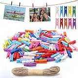 150 Stück Farbige Hölzerne Mini Holzklammern, 3,5 cm Wäscheklammern mit 10 m Juteschnur, Kleine Klammern zum Aufhängen von Fotos Postkarten, DIY Dekoration für Haus, Hochzeit, Geburtstag