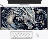 Orientalischer Drachen-Schreibtischunterlage, chinesischer japanischer Drache, groß, Anime, coole Gaming-Tastaturmatte, marineblau, ausziehbare Schreibtischunterlage XXL, Laptop-Mauspad,