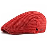 HIQIU Unisex Schirmmütze Baskenmütze Herren Atmungsaktiv Mesh, Flatcap Herren Gatsby Newsboy Barette Kappe, Schiebermütze Herren Sommer Hut Sportmütze Einstellbar 55cm-60cm (Rot)