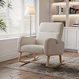 BHFFTHK Schaukelstuhl Sessel Relaxsessel Schaukelsessel mit Fußstütze,Stillstuhl Schwingstuhl mit Samtstoff und Lendenkissen & 2 Seitentaschen, Bequemer Lesesessel für Wohnzimmer (Beige - B)