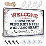 Hausbar Blechschild 'Welcome Beware of Wife Children and Pets are Also Shady As Well Husband is Cool' (20 x 20 x 20 cm)