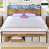Brinlawb Bett 160x200 mit Lattenrost aus Metall, Bettgestell 160x200 cm mit LED Beleuchtung, Metallbett 160x200cm mit Kopfteil und Steckdose, Doppelbett mit Stauraum, 2 Schränke mit Türen, Braun