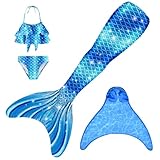 FOLOEO Meerjungfrauenflosse Mädchen Meerjungfrau Flosse Badeanzug Kinder zum Schwimmen mit Monoflosse und Bikini Set für Kinder, 4 Stück Set