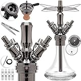 DILAW® Smart Shisha Edelstahl V2A Komplettset 38cm Hookah | Mini | to go + Glas Kohleteller | 4 Anschlüsse Adapter | Wasserpfeife | Base Closed Chamber | Kaminkopf Silikonschlauch Tabakkopf Black