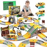 Autorennbahn ab 3 4 5 6 7 8 Jahre, 264 Stück 5 Cars Bagger Spielzeug Autorennbahn Rennbahn 2 Glow Elektroautos,3 Bauwagen,Flexibles DIY Gleis-Set Flexible Track Kran Spiele