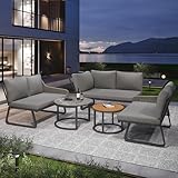 A ALFRESCOOL Gartenmöbel-Set für 6-7 Personen, Outdoor-Lounge-Set, Rattan-Handwerk, mit Zwei Tischen, mit verzinktem Eisengestell, verstellbare Beine, inklusive Aller Sitz- und Rückenkissen, grau