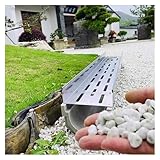 Entwässerungsrinne für den Außenbereich, U-förmige versteckte Dachrinne mit Metallgitter, wetterfestes Harzgraben-Ablaufsystem für Terrasse, Landschaftsbau, Gartenweg