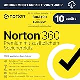 Norton 360 Premium mit extragroßer Backup-Kapazität – Amazon Exklusiv* 75GB zusätzlicher Cloud-Backup Speicher. Antivirus Software für 10 Geräte und einem Jahr Laufzeit