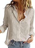 BLENCOT Damen Bluse Langarm Hemden Casual V-Ausschnitt Roll Up Ärmel Button Down Blusen Tops,L,Grau