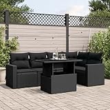 THOYTOUI 6-TLG. Garten-Sofagarnitur, Garten loungemöbel Set Gartenlounge Set Garten essgruppe Gartenmöbel Set Lounge Geeignet für Balkon Terrasse Veranda Garten mit Kissen Schwarz Poly Rattan