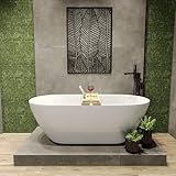 KOLMAN Freistehende Badewanne 170x75 cm ASGER, Ablaufgarnitur VIEGA Click-Clack, Weiß, Exclusive, Modern + Bambus Badewannenablage