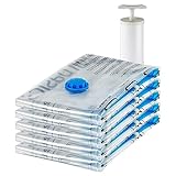 Amazon Basics Vakuumbeutel für Kleidung mit Luftdichtem Ventil und Handpumpe - Groß, 5er-Pack, Reißverschluss, Transparent