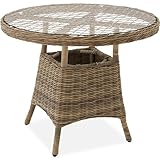 tectake® Alu Polyrattan Gartentisch, rund, wetterfest, großer Balkontisch mit Sicherheitsglasplatte, Rattan Tisch für Garten, Terrasse und Balkon, Ø 91 x 73,5 cm, Gartentisch wetterfest - Natur