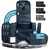 Obics Kulturbeutel Herren & Damen Gross blau 8L XL - Kulturtasche zum Aufhängen & mit Spiegel - Kosmetiktasche mit Henkel hängend - Beauty case groß - Waschtasche 10 Fächer für Camping Reisen