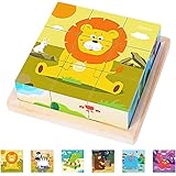 Montejoy Würfelpuzzle Holz, 3D Würfelpuzzle Puzzlespiele 6 in 1 Tier-Motive Holzpuzzle für Kinder ab 1 2 3 4 Jahre, Montessori Lernspielzeug Geschenk für Jungen und Mädchen