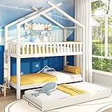 LTGB Etagenbett, Hochbett 90x200, Stockbett für 3 Kinder, Kinderbett mit Lattenrost, Etagenbett 3 Personen, Doppelbett Hausbett