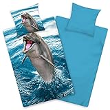 Aminata kids Bettwäsche 135x200 Baumwolle Delfin Kinder Jungen Mädchen Tier-Motiv Meer Tiere blau