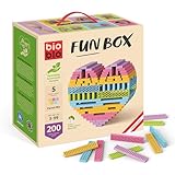 bioblo Funbox Pastel Mix 200 Stück, Nachhaltige Bunte Bauklötze für Kinder ab 3 Jahren, Holzbauklötze Kinderspielzeug, STEM Montessori Spielzeug für Stapel- & Balancierspiele