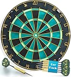 Professionell Sisal Türkis Dartscheibe Dartboard mit Goldener Zahlenring & Pfeilen - Profi Steeldartscheibe - Dart Scheibe Target mit 6 Dartpfeilen Metallspitze golddart Flight Barrels shafts schäfte