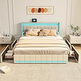 Julyue Bett 140x200 mit LED und USB Doppelbett mit 4 Schubladen und Verstellbarem Kopfteil, Bett Schublade mit Lattenrost, Leinenstoff, Dunkelgrau (Beige-A, 140x190cm)