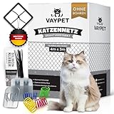 VAYPET® Katzennetz für Balkon ohne Bohren inkl. Klebehaken & Silikonkleber I Robustes Katzennetz drahtverstärkt & wetterfest I Einfach mit dem Katzennetz Balkon, Fenster & Terrasse sichern (3x4m)