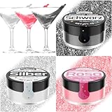 Essbares Glitzer Set - 3x4g Essbarer Glitzer für Getränke Torten, Lebensmittelfarbe Glitzer Pulver für Schokolade, Cocktail, Drinks, Fondant, Flüssigkeiten