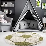 Carpetsale24 Hochflor Kinderteppich Bälle Fußball Form Grün und Weiß 100 cm Rund - Runder Teppich Kinderzimmer Langflor Babyteppich Spielteppich für Junge und Mädchen Extra Weich und Antiallergen