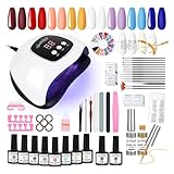 SPTHTHHPY Nagelset Gelnägel Starterset,gel nagellack Kit mit 48W UV Lampe,8 Nagellack mit Base&Top Coat + 6 Farben UV Gel mit 15 Pinsel,100 Nägel Tips, Komplette Nagelstudio Set