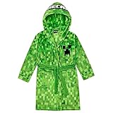 Minecraft Bademantel Kinder Jungen Fleece Morgenmantel mit Kapuze Creeper Design (as3, numeric, numeric_158, regular, Grün)