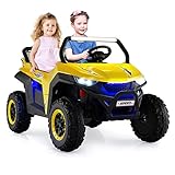 COSTWAY 2 Sitzer Kinderauto mit 2,4G Fernbedienung, 12V Kinder UTV mit Musik und Scheinwerfer, Jeep Auto 2-4 km/h, für Kinder ab 3 Jahren (Gelb)