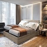 TRADA Boxspringbett ADÈLE 180 x 200 cm – elektrische Bett mit Matratze + Tooper und Bettkasten - Stoffbezug Veloursstoff - Beige - 180 x 200 cm