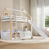 Kinderbett Etagenbett 90x200, Hochbett Hausbett mit Rutsche&Dach&Tür, Doppelbett Holzbett Jugendbett Stockbett Bettgestell Spielbett mit Lattenrost&Rausfallschutz, Kiefer, Ohne Matratze, Weiß+Natur