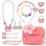 OSDUE Kleine Mädchen Plüsch Handtaschen, Schmuckset für Mädchen, Kette Halskette Armband Ring Schmuckset, Süße Plüsch Handtasche für Party Geschenk(Rosa)