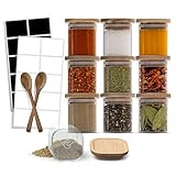 Gustoa Gewürzgläser Set 150 ml -10-teilige Vorratsgläser mit Deckel aus Nachhaltigem Akazienholz inkl. 2 Löffel und Etiketten - Inspirierende Gewürzgläser eckig mit Lasergravur für Koch Begeisterte