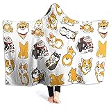 321DESIGN Süße Corgi nahtlose gemusterte tragbare Decke aus Fleece mit Kapuze Umhang Überwurf Quilt Poncho Mikrofaser Sherpa Plüsch warm Wrap mehrere Größen Kind (127,7 x 101,6 cm)