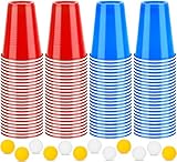 Frasheng Beerpong Partybecher,100 Becher 12 Bällen,Beer Pong Becher,Plastikbecher Rot und Blau 16oz,Wiederverwendbare Party Becher,Bierpong Becher Set,für Weihnachten,Geburtstag,Hochzeit