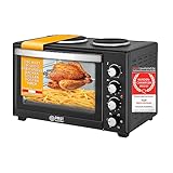 TZS First Austria Mini-Backofen mit Kochplatten | 45 Liter Fassungsvermögen, 3200W, Umluft, max 230°C | Backblech, Drehspieß, Grillrost, Innenbeleuchtung | kompakt für Camping, Wohnheim & Kleinküchen