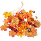 HAKACC Künstliche Früchte Set, 49 Stück Erntefrüchte Künstlichen Ahornblättern Gefälschte Kürbisse Tannenzapfen Eicheln für Halloween Thanksgiving-Dekorationen