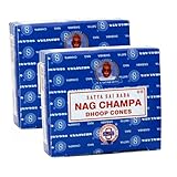 Satya Dhoop Cones Nag Champa 2 Packungen x 12 Zapfen (insgesamt 24 Stück) – Spiritueller Duft für Entspannung und Klarheit, natürliche Inhaltsstoffe, perfektes festliches Geschenk für Achtsamkeit
