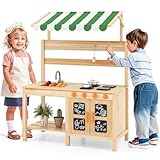 GOPLUS Kinder Matschküche mit Sonnendach, Kinderküche Outdoor mit 4 Herdplatten, Spüle, Wasserhahn, Schwarze Tafeln & Zubehör, Gartenküche Spielküche für Kinder ab 3 Jahren, Natur