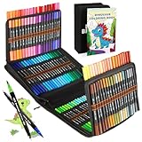 KIMIGO Dual Brush Pen Set,120 Farben Filzstifte Set,Fineliner und Pinselstifte Set mit Schwarzer Tragetasche und Malbücher,Pinselstifte Marker Aquarell Stifte Für Kinder und Erwachsene