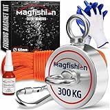 MAGFISHION Magnetfischen Set - 300 KG (2 x 150kg) - Ø60mm - Neodym Magnet mit Seil (20M) & Handschuhe - Magnet Fischen Angel - Ösenmagnet - Fishing Magnetangel - Magnetangeln Set