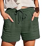Leinen-Shorts für Damen, einfarbig, Kordelzug mit Taschen, elastischer Bund, lockere Freizeithose, Sommerkleidung, Baumwolle, Strandhose, Wandershorts für Damen, 24, M