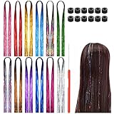 Granvoo 12 Farben Glitze Haare Lametta Mit Werkzeugen,Glitzer Lametta Haarverlängerungen,Hair Tinsel Glitzer Haare,Hair Extension Glitter,für Partys Halloween Weihnachten Cosplay Musikfestival