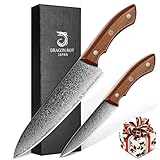 DRAGON RIOT Damastmesser Set, Küchenmesser Set aus 67 Lagen Damaststahl mit Ergonomischer Griff, 2-teilig Messerset Damast, Japanisches Messerset, Scharfes Kochmesser und Gemüsemesser für Küche