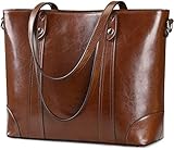 S-ZONE Damen Schultertasche 15,6 Inch Laptoptasche Große Leder Shopper Arbeitstasche Umhängetasche Handtasche mit Gepolstertem Laptopfach