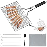 Grillkorb Fischbräter Set, Edelstahl Fisch-Grillkorb, Barbecue Grillschale,faltbare Körbe oder Grill Fisch und Gemüse, mit Oxford-Tasche+5 Kebab Skewers+Silikonbürste,Edelstahlzubehör